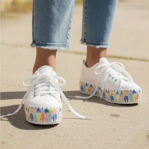 Keds Triple Up Leather Rainbow People White Platform Sneakers - Size 8.5 - NWT